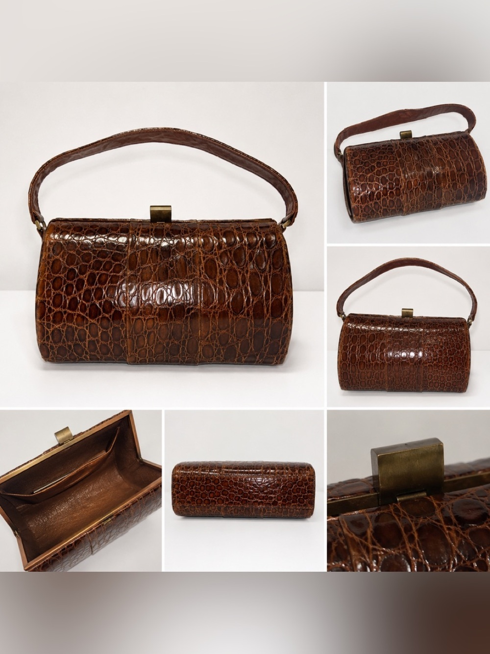 Vintage Brown Embossed Croc-Print Top Handle Clutch Handbag